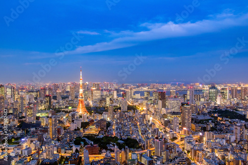 Cityscape of Tokyo skyline, panorama aerial skyscrapers view of office building and downtown in Tokyo in the evening. Japan, Asia...