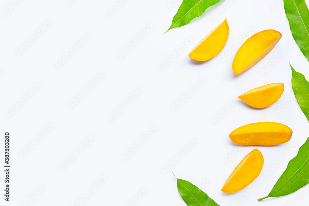 Tropical fruit, Mango  slices with leaves on white background.