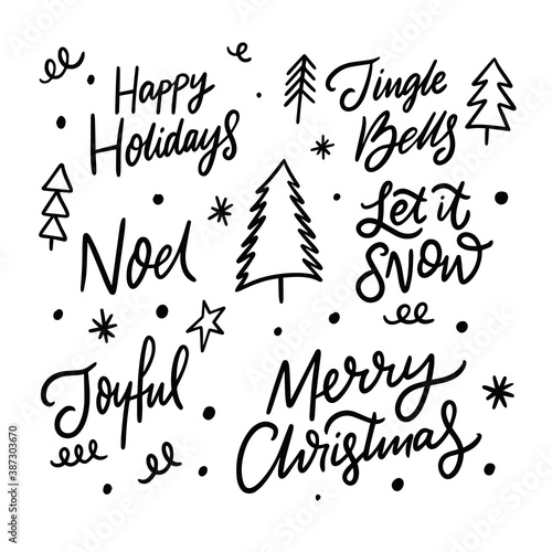 Merry Christmas phrases set. Hand drawn calligraphy. Doodle style