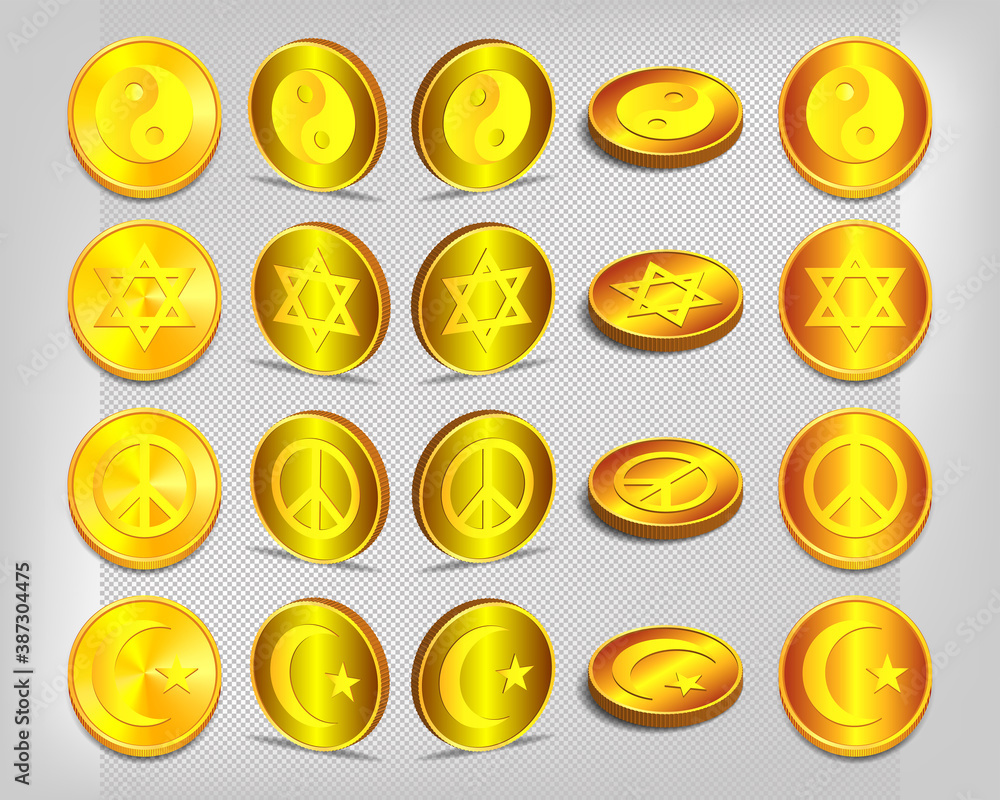 3d set of gold coin tokens. Eastern yin-yang, Jewish Star of David, peace  sign and Muslim crescent with star. Shadows and gray checkered background.  EPS10 vector de Stock | Adobe Stock