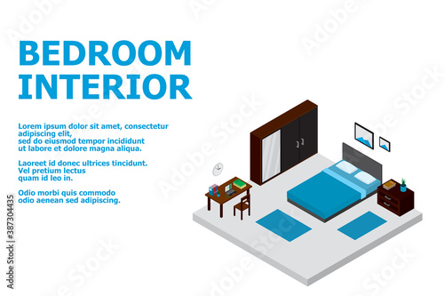 Isometric interior, room of a house, cutaway icon. light bedroom. Home furniture. Blue bed, cabinets, work desk, books, pictures. Vector illustration