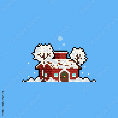 Pixel art cartoon cute cabin with snowy tree.
