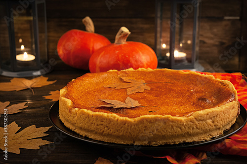 Delicious pumpkin tart. Homemade pie for Thanksgiving Day or Halloween. Autumn concept