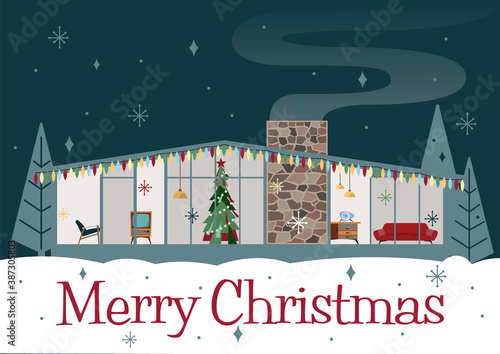 Christmas Greeting Card, Mid Century Modern Style Party, 1950s, 1960s Architecture and Interior 