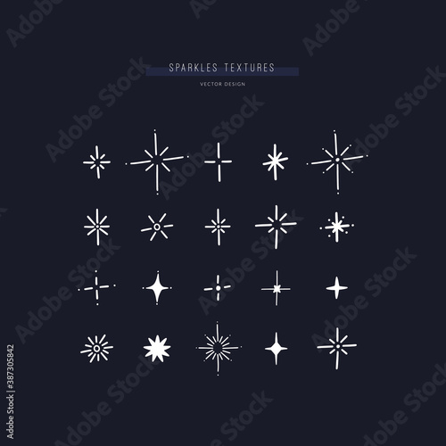 Set of 20 different stars and sparkles. Bundle of various shining textures and decorations. Vector hand drawn elements. 