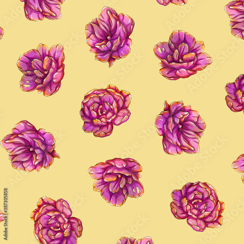 Fototapeta Naklejka Na Ścianę i Meble -  pattern of pink flowers painted with watercolor on a yellow background
