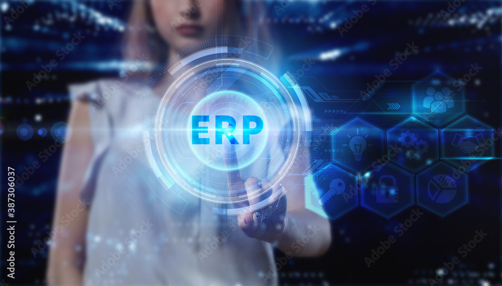 Fototapeta premium Business, technology, internet and network concept. Young businessman thinks over the steps for successful growth: ERP