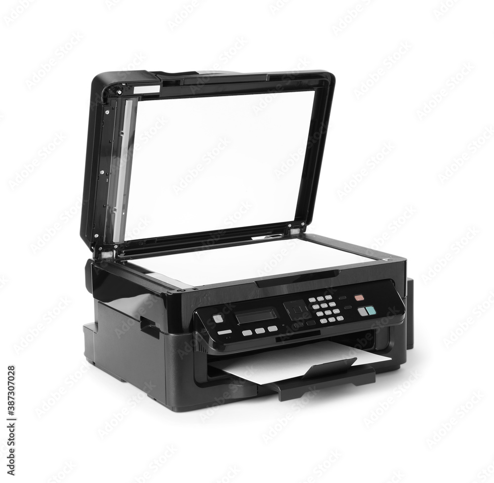New open multifunction printer isolated on white New open multifunction printer isolated on white