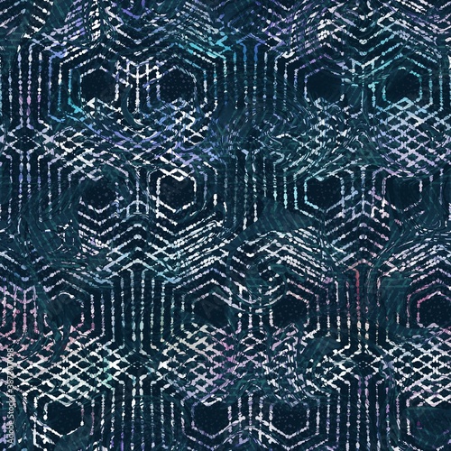 Lux navy and white iridescent geo seamless pattern. High quality illustration. Geometric shapes overlayed with holographic faded blurry colors and blobs in a marble like pattern. Futuristic design.