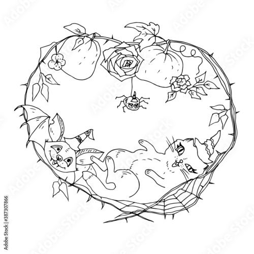 Cat, bat and pumpkin. Linear vector illustration. Coloring page. Halloween.