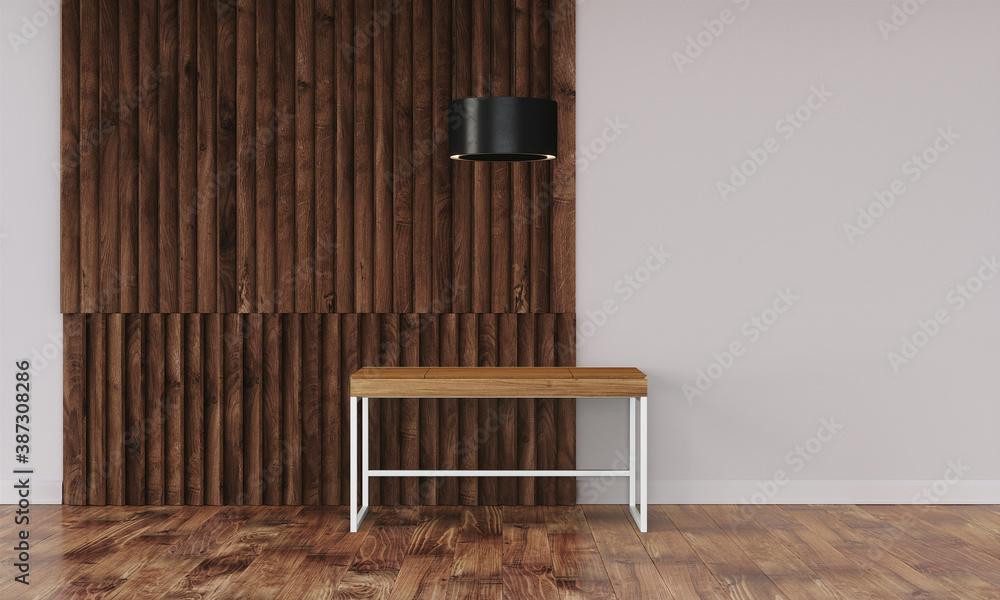 Modern workspace with desk and lamp in minimalistic interior Modern workspace with desk and lamp in minimalistic interior