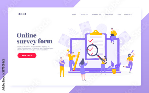 Online survey form or exam application on the monitor screen, claim form, clipboard and tiny people working together. Internet questionnaire, online education quiz vector web page template.
