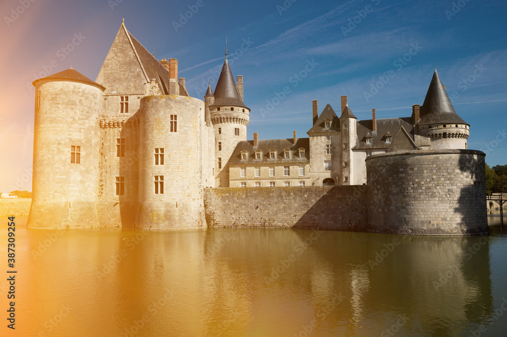 View of gorgeous medieval castle Chateau de Sully-sur-Loire on river Loire, France