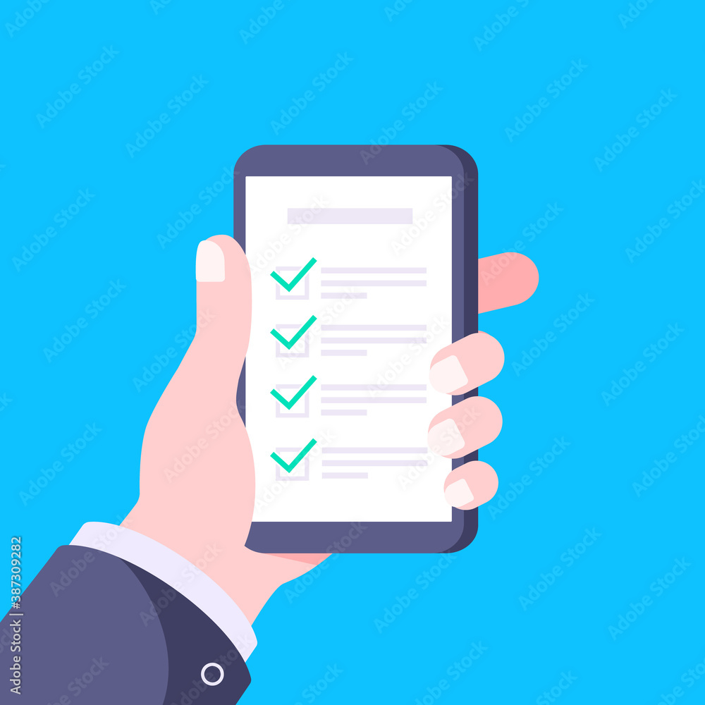 Hand holds smartphone with complete checklist with check marks tick icon vector illustration. Technology concept of online survey isolated on blue background. Hand holds smartphone with complete checklist with check marks tick icon vector illustration. Technology concept of online survey isolated on blue background.