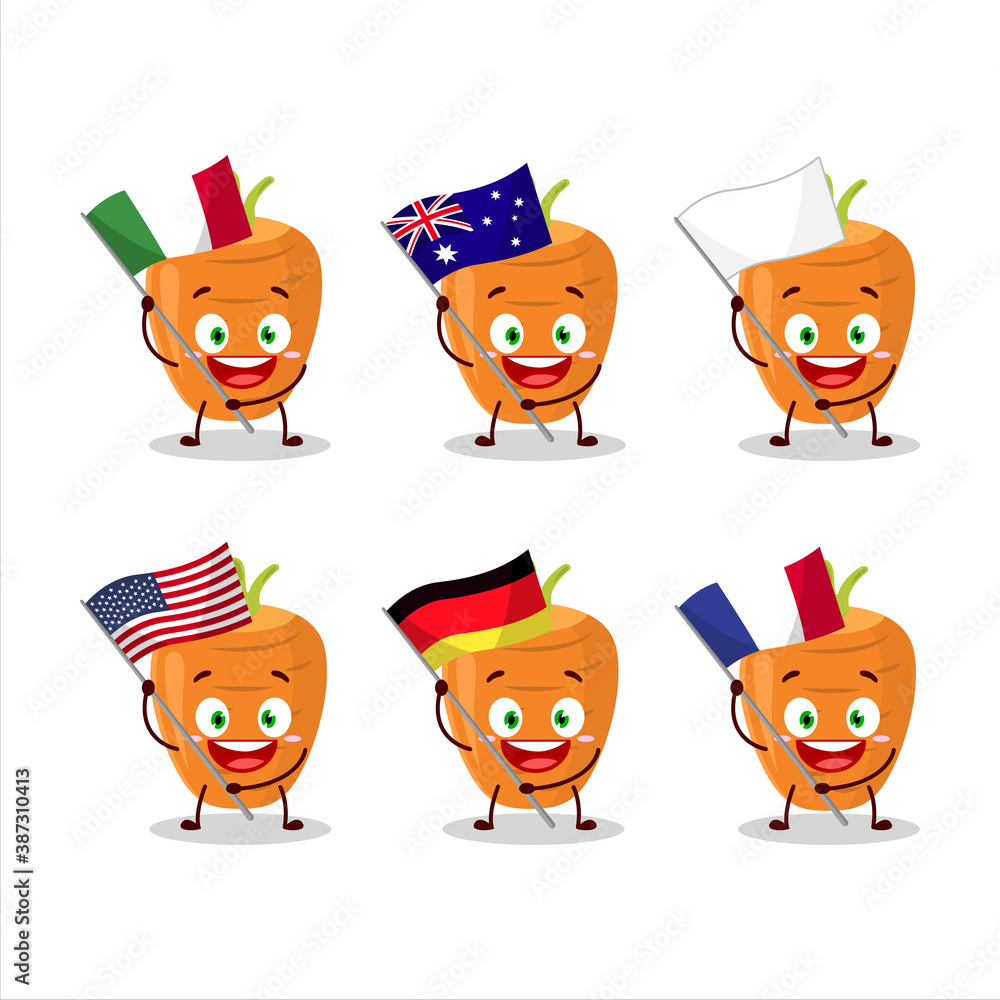 Sweet carrot cartoon character bring the flags of various countries Sweet carrot cartoon character bring the flags of various countries