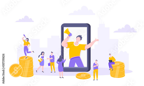 Refer a friend flat style design vector illustration business concept. Man with megaphone stands in the smartphone and shout out to the people.