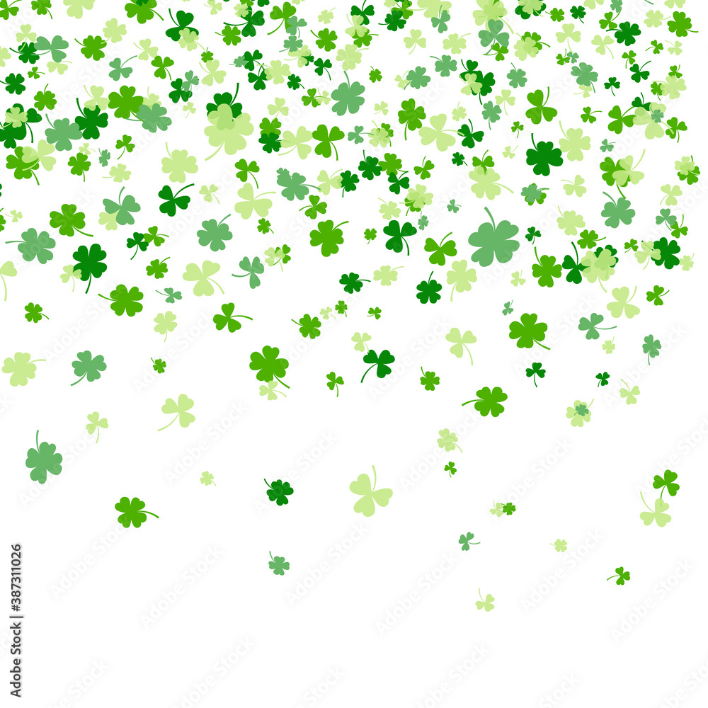 Shamrock or clover leaves flat design green backdrop pattern vector illustration isolated on white background. St Patricks Day shamrock symbols decorative elements. Shamrock or clover leaves flat design green backdrop pattern vector illustration isolated on white background. St Patricks Day shamrock symbols decorative elements.