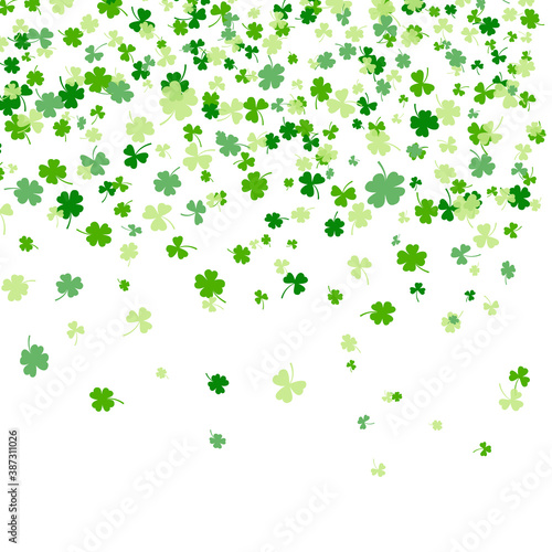 Shamrock or clover leaves flat design green backdrop pattern vector illustration isolated on white background. St Patricks Day shamrock symbols decorative elements.