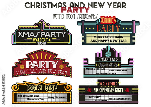 Christmas and New Year Party Emblems, Winter Holiday Party Retro Cinema Signboards Style 