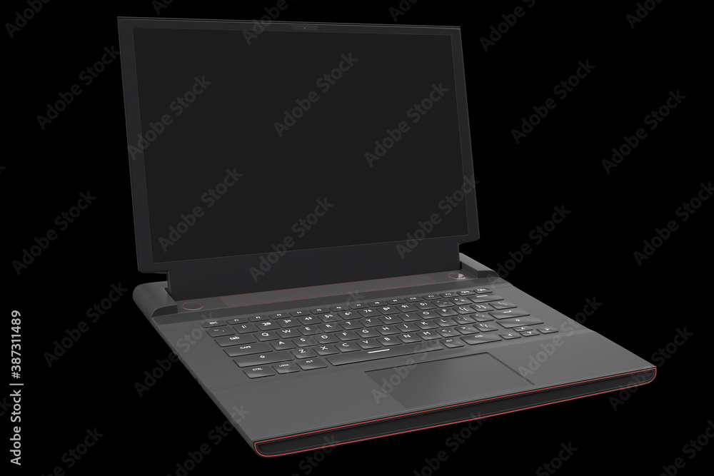 3d rendering of modern gaming laptop with rgb lights isolated on black 3d rendering of modern gaming laptop with rgb lights isolated on black
