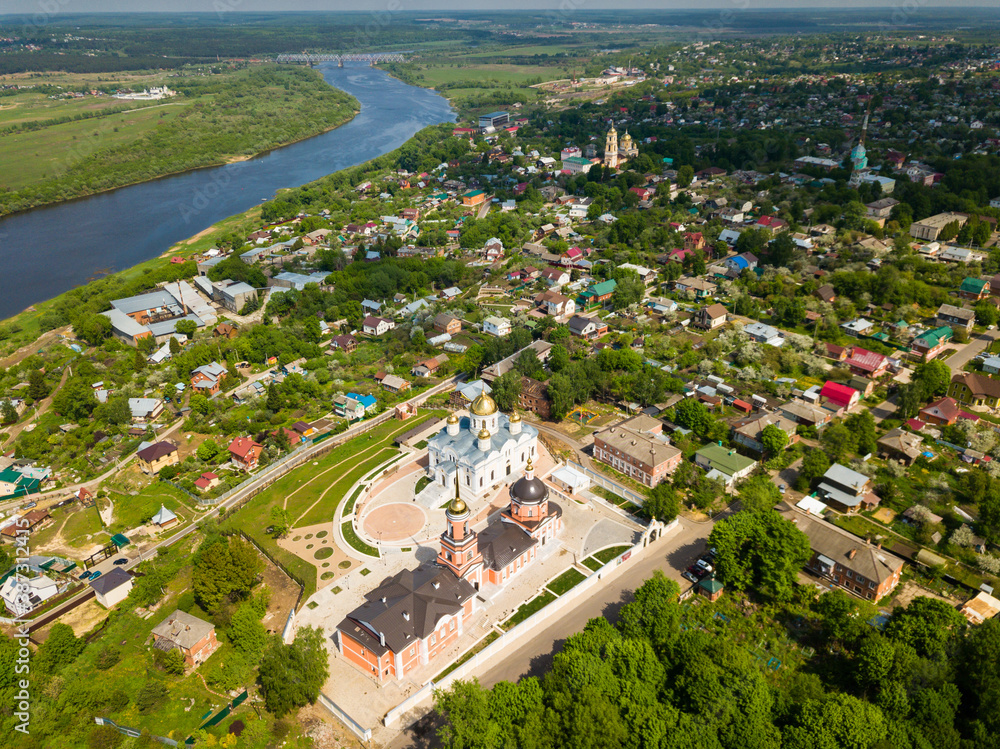 Scenic summer landscape of Kashira town on bank of Oka River overlooking Nikitsky monastery, Russia