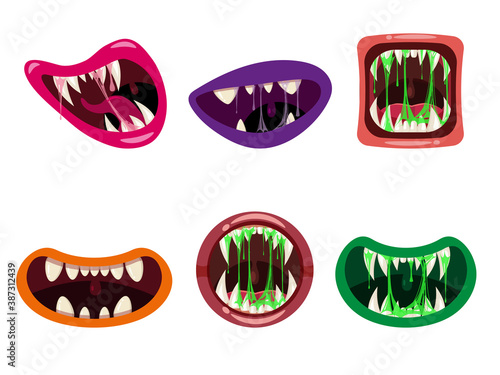 Set Monsters mouths creepy and scary. Funny jaws teeths tongue creatures expression monster horror saliva slime