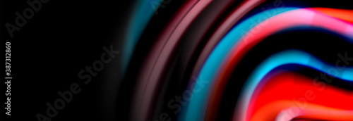Dynamic motion abstract background. Color blurred stripes on black. Wave liquid lines poster. Vector illustration