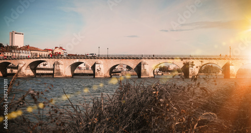 Panoramic view of old bridge over Saona and loire river in Macon, France photo