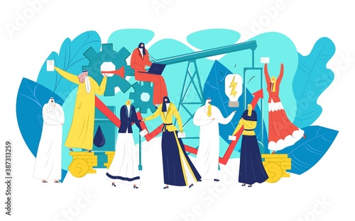 Oil arab business concept, vector illustration. Arabic businessman woman character at flat saudi, success people at industry. Work meeting with traditional man person about cartoon money finance.