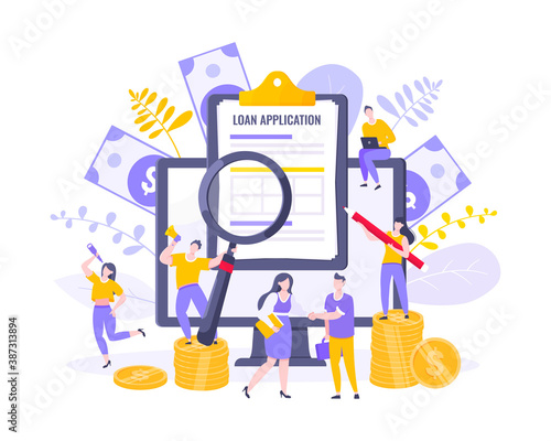 Loan money installment or credit approval business concept vector illustration. Salary payment, online payment symbols with people working together, large clipboard and money coins.