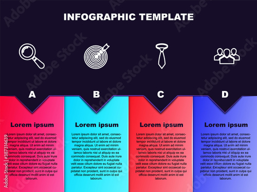 Set line Magnifying glass, Target with arrow, Tie and Users group. Business infographic template. Vector.