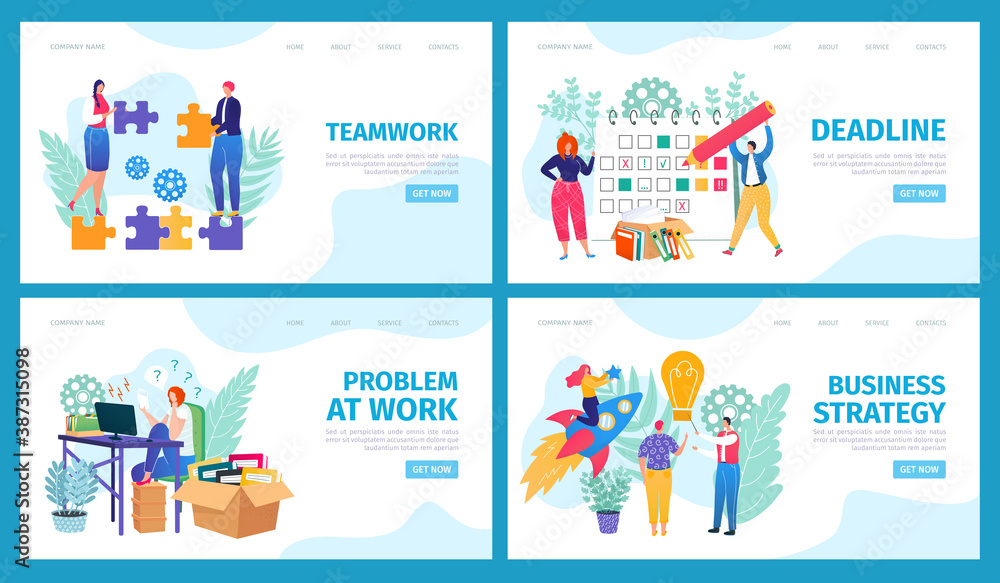 Business people at landing page set concept, vector illustration. Work at template banner, flat teamwork character at website cartoon design. Creative success for businessman woman people.