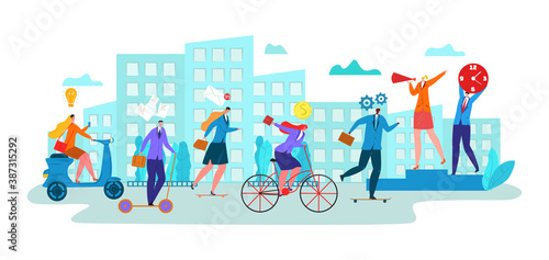 Business flat people character manager, cartoon transportation for work time management vector illustration. Business man woman at wheel transport. Career fast ride by bike in company.