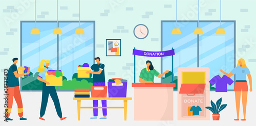 Charity donation work, people collect clothes for donation care, vector illustration. Social assistance with donate box concept. Flat volunteering community, cartoon human character support.