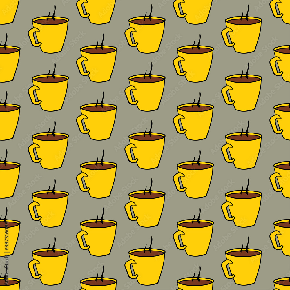 Pattern from yellow cups with coffee on a gray background. seamless abstract pattern for design. Pattern from yellow cups with coffee on a gray background. seamless abstract pattern for design.
