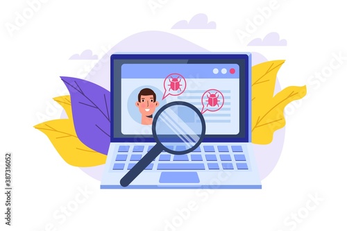 Vulnerability and bugs search or scan, finding malware concept.  Vector illustration.