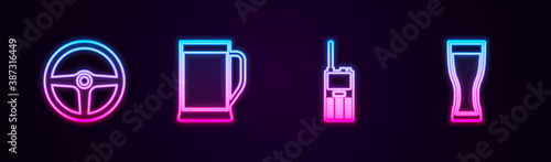Set line Steering wheel, Glass of beer, Walkie talkie and . Glowing neon icon. Vector.