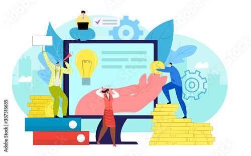 Business idea online crowdfunding concept, vector illustration. People character invest money finance for project. Internet investment service technology, flat bulb design at computer screen.