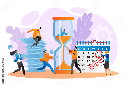 Calendar deadline time for business work flat concept  vector illustration. People character look for plan schedule in office design. Date management for event  employee near project planner.