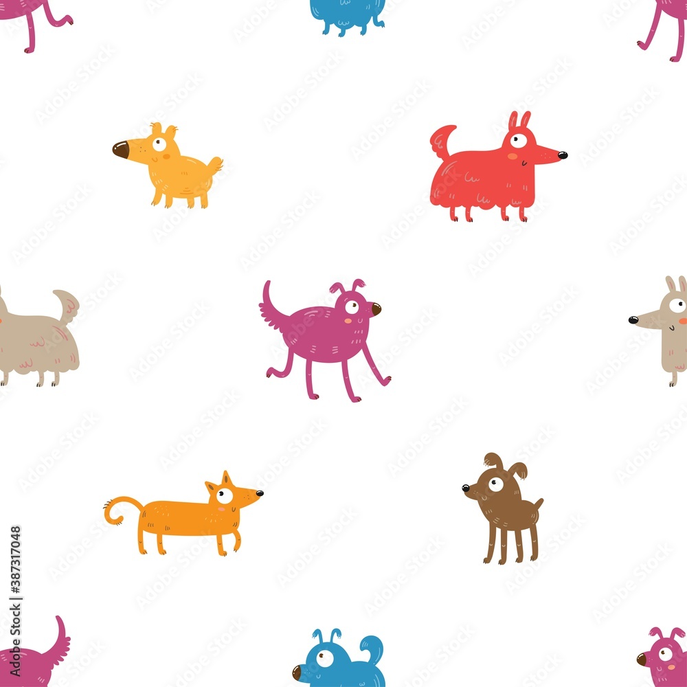 Seamless pattern with cute cartoon dogs on white background. Funny colorful animals. Joyful vector puppies. Seamless pattern with cute cartoon dogs on white background. Funny colorful animals. Joyful vector puppies.