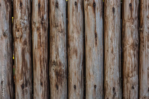 A fence made of roughly processed boards. A palisade of rough logs. Wood back