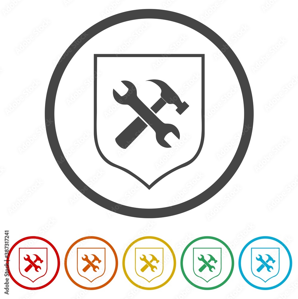 Wrench with hammer on shield ring icon, color set Wrench with hammer on shield ring icon, color set