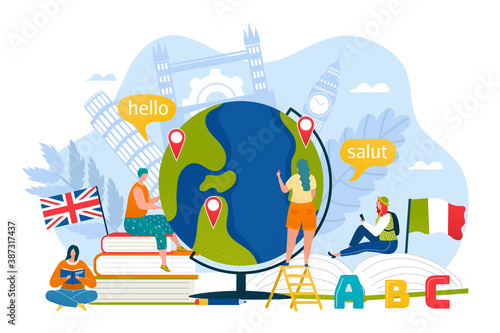Tourism education in online school concept, vector illustration. Speak with translation communication in travel, student people person design. Flat foreign language culture background.
