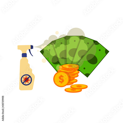 Antiseptic sprayed on money. Antibacterial treatment of finances, coins and bills with a disinfectant. Vector illustration, flat cartoon color design, isolated on white background, eps 10.