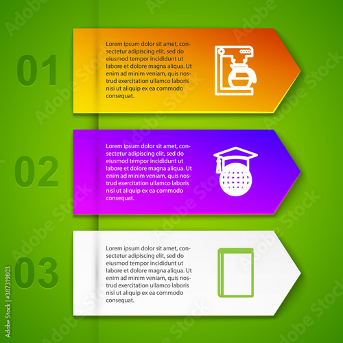 Set line Coffee machine with pot, Graduation cap on globe, Book and Head hunting concept. Business infographic template. Vector.