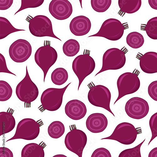 Whole beets and round slices. Seamless pattern. Vegetables on a white background. Vector illustration.
