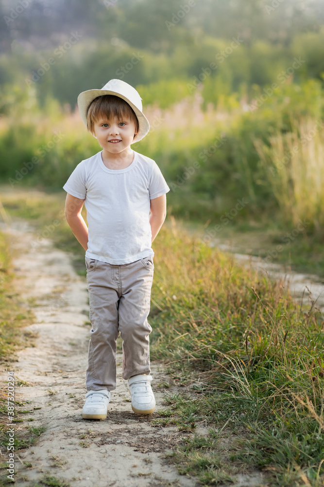 Happy boy on road in meadow in summer Happy boy on road in meadow in summer
