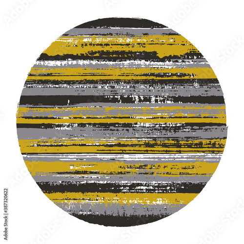 Ragged circle vector geometric shape with striped texture of ink horizontal lines. Disk banner with old paint texture. Emblem round shape logotype circle with grunge background of stripes.