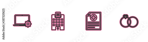 Set line Laptop and gear, Clinical record, Medical hospital building and Wedding rings icon. Vector.