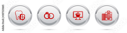 Set line Dental protection, Wedding rings, Monitor with shopping basket and clinic. Silver circle button. Vector.